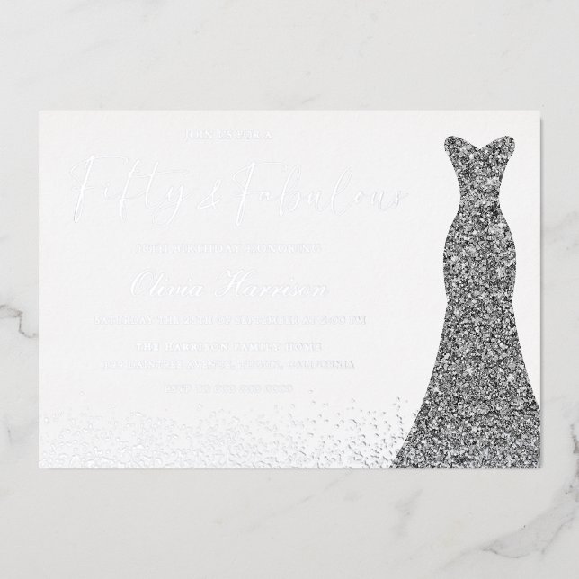 Invitation En Aluminium Robe argentée Cinquante & Fabuleuse 50e anniversai (Recto)