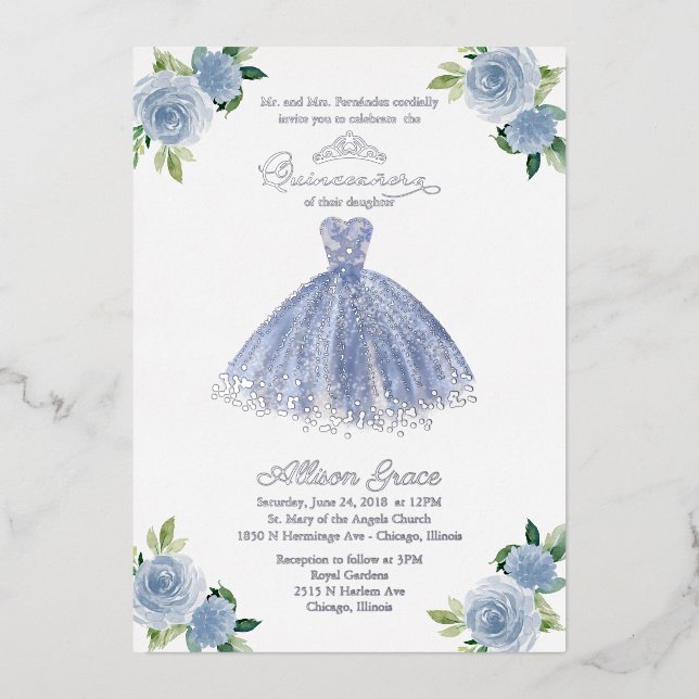Invitation En Aluminium Robe bleue Dusty Quinceanera (Recto)