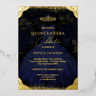 Invitation En Aluminium Robe Bleue Or Tiara Photo Quinceanera