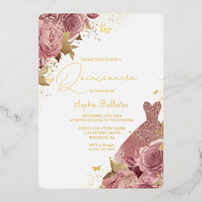 Invitation En Aluminium Robe Blush enchantée Floral Quinceanera Véritable  (Recto)
