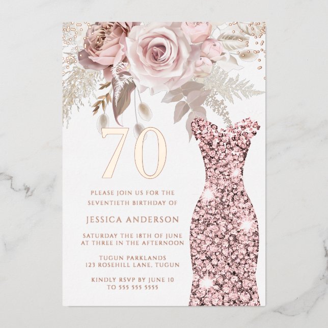 Invitation En Aluminium Robe Blush Fabuleux 70e anniversaire de fête Rose  (Recto)