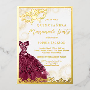 Invitation En Aluminium Robe Bourgogne Gold Masquerade Party Quinceanera