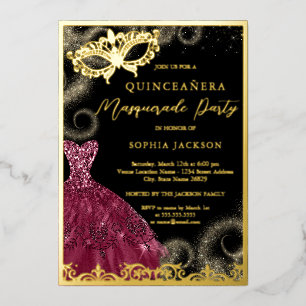 Invitation En Aluminium Robe Bourgogne Or Masquerade Party Quinceanera