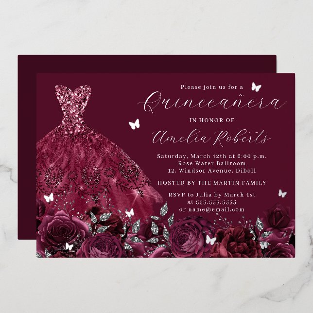 Invitation En Aluminium Robe Bourgogne Papillon argenté Floral (Recto/Verso)