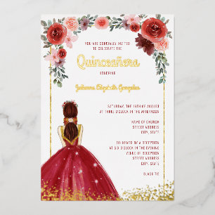Invitation En Aluminium Robe de bal florale or Bourgogne 15ème Quinceanera