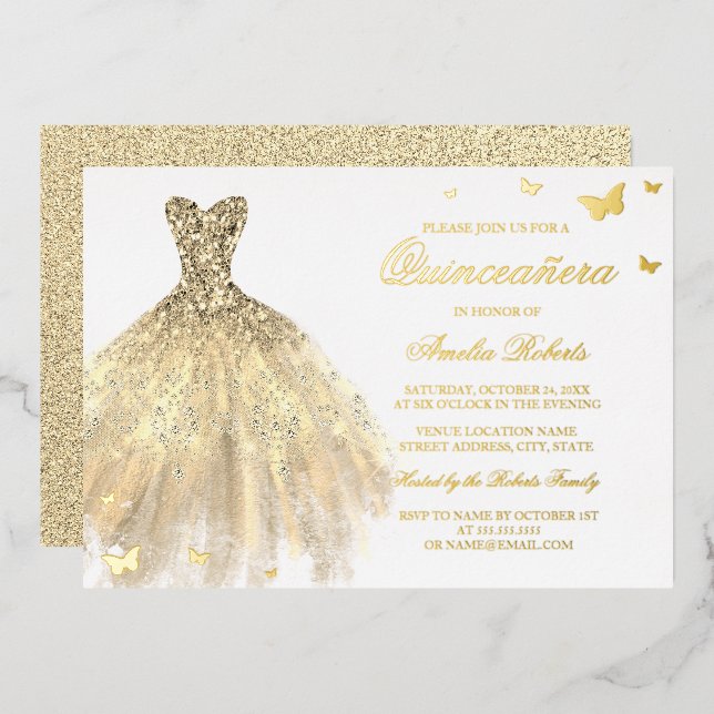 Invitation En Aluminium Robe de FOIL OR Papillon Quinceanera (Recto/Verso)