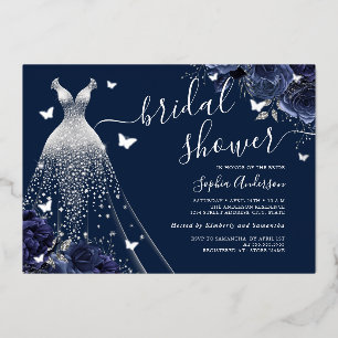 Invitation En Aluminium Robe de papillon floral Navy Sparkle Shower de mar