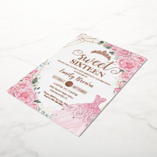 Invitation En Aluminium Robe de princesse florale rose Sweet 16 or rose