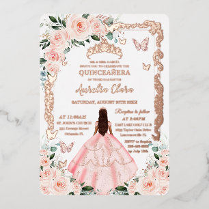 Invitation En Aluminium Robe de princesse Quinceañera florale rose poudrée
