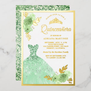 Invitation En Aluminium Robe de Quinceanera à paillettes florales vert men