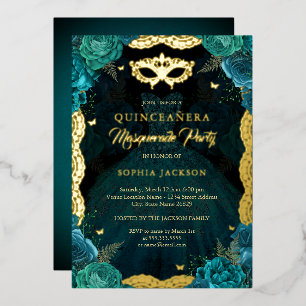 Invitation En Aluminium Robe de Quinceanera de soirée masquée or sarcelle