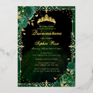 Invitation En Aluminium Robe de Quinceanera élégante émeraude or rose