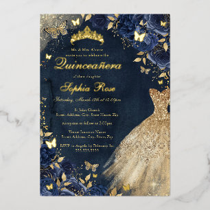 Invitation En Aluminium Robe de Quinceanera florale bleue marine en or pap