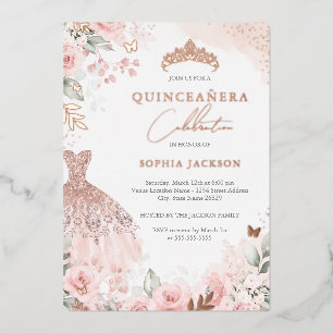 Invitation En Aluminium Robe de Quinceanera Florale Rose Gold Blush 