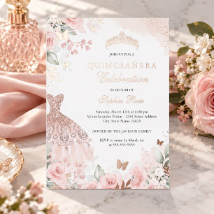 Invitation En Aluminium Robe de Quinceanera Florale Rose Gold Blush
