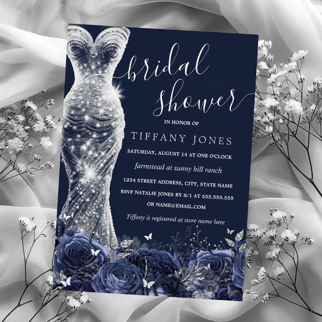 Invitation En Aluminium Robe de soirée argentée Navy pour mariage Rose  (Créateur téléchargé)