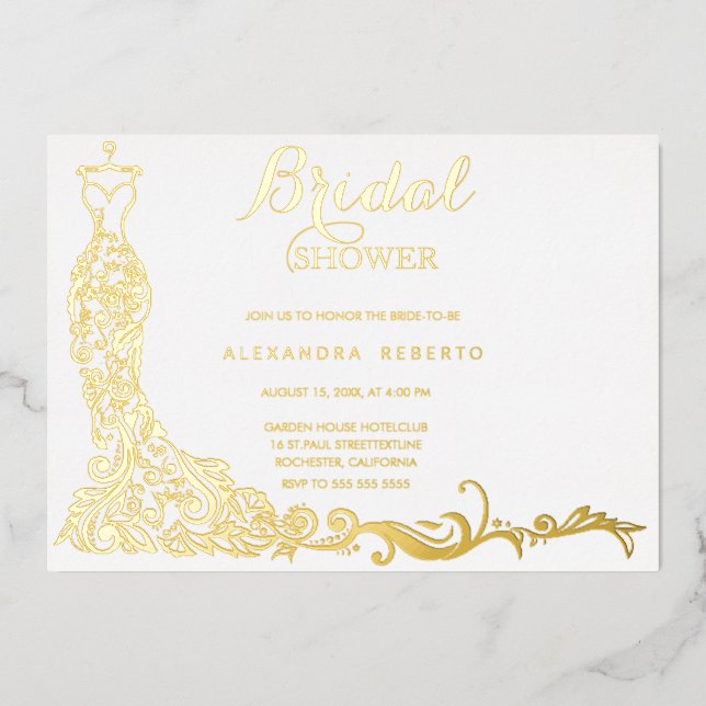 Invitation En Aluminium Robe de soirée en feuille d'or Mariage Shower de m (Recto)
