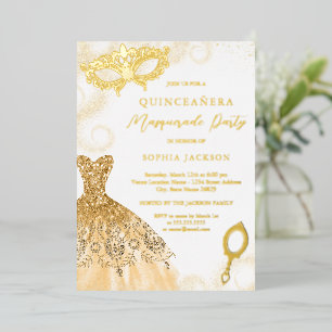 Invitation En Aluminium Robe de soirée masquerade dorée Quinceanera