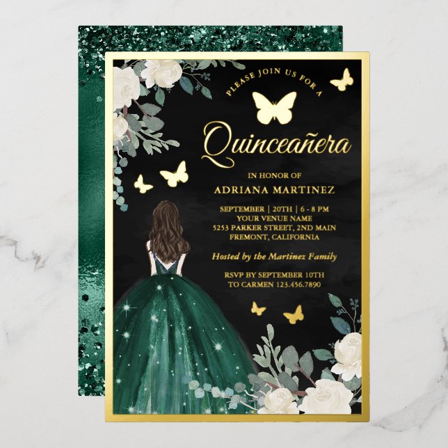 Invitation En Aluminium Robe d'émeraude Papillon noir Quinceanera Or (Recto/Verso)