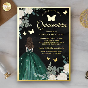 Invitation En Aluminium Robe d'émeraude Papillon noir Quinceanera Or