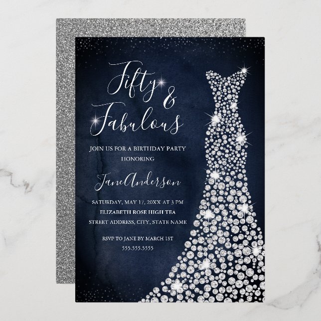Invitation En Aluminium Robe Diamond Marine 50 & Fabuleuse huile d'anniver (Recto/Verso)