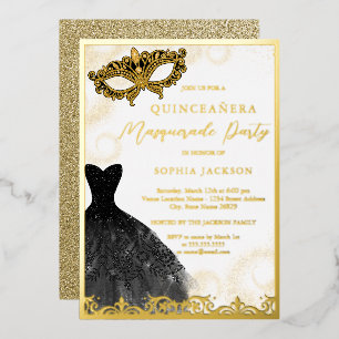 Invitation En Aluminium Robe d'or noir Masquerade Party Quinceanera