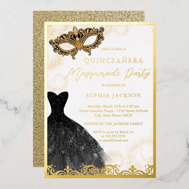 Invitation En Aluminium Robe d'or noir Masquerade Party Quinceanera (Recto/Verso)