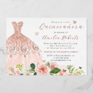Invitation En Aluminium Robe d'or rose Élégant Papillon floral