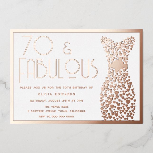 Invitation En Aluminium Robe dorée 70 et fabuleuse Rétro 70e anniversaire (Recto)