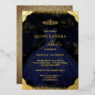 Invitation En Aluminium Robe dorée bleu étincelante Tiara Quinceanera