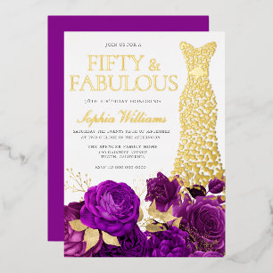 Invitation En Aluminium Robe dorée florale violette Fête d'anniversaire 50