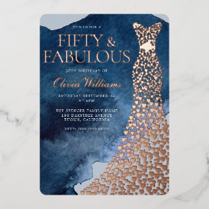 Invitation En Aluminium Robe dorée rose pour 50e anniversaire bleu aquarel