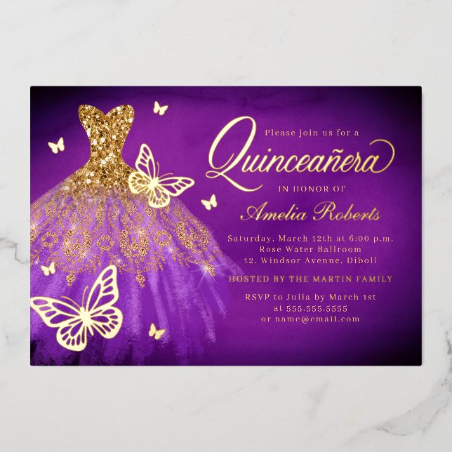 Invitation En Aluminium Robe étincelante papillon Quinceanera (Recto)