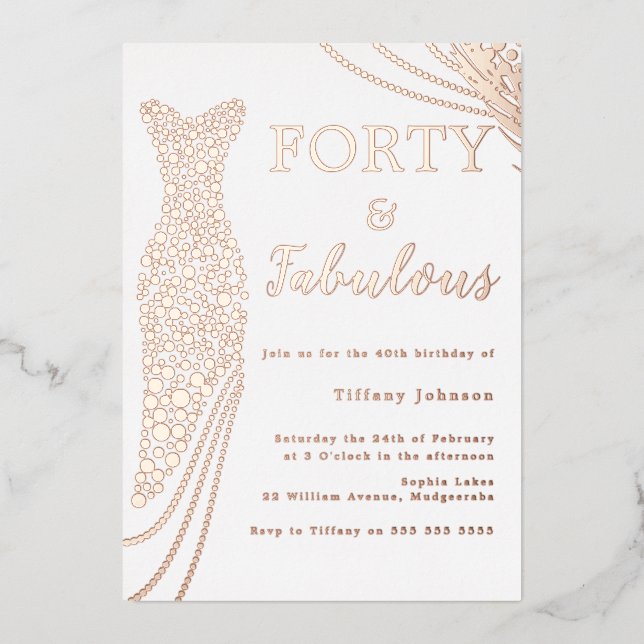 Invitation En Aluminium Robe Feuille D'Or Rose Fabuleuse 40e Anniversaire (Recto)