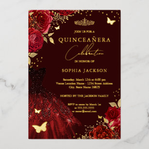 Invitation En Aluminium Robe Fleur Papillon Or Rouge Quinceanera