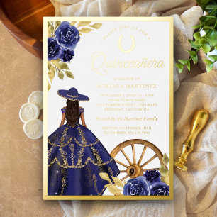 Invitation En Aluminium Robe Fleurie Bleu Marine Charro Quinceanera Or