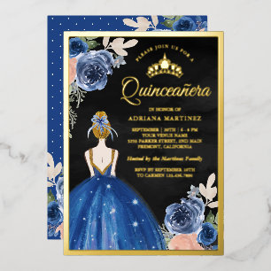 Invitation En Aluminium Robe Fleurie Bleu Royal Quinceanera Noir Or