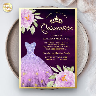 Invitation En Aluminium Robe Fleurie Lilas Violet Quinceanera Or