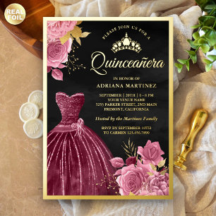 Invitation En Aluminium Robe fleurie rose poudrée plumée noire Quinceanera