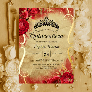 Invitation En Aluminium Robe Fleurie Rouge Quinceanera