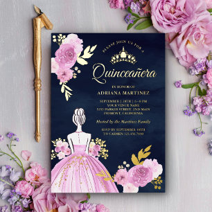 Invitation En Aluminium Robe fleurie violette Princesse Navy Quinceanera O