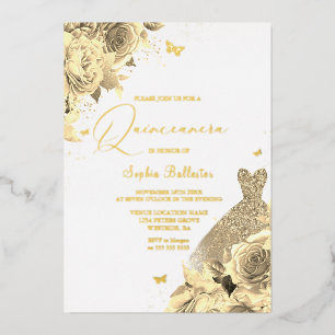 Invitation En Aluminium Robe & Fleurs d'or enchantées Quinceanera Gold