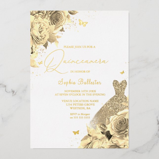 Invitation En Aluminium Robe & Fleurs d'or enchantées Quinceanera Gold (Recto)