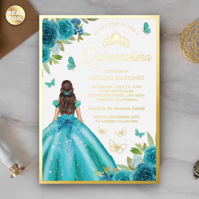 Invitation En Aluminium Robe Florale bleu Aqua Papillon Quinceanera Or (Créateur téléchargé)