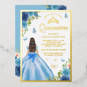 Invitation En Aluminium Robe florale bleu doux Papillon Quinceanera Or