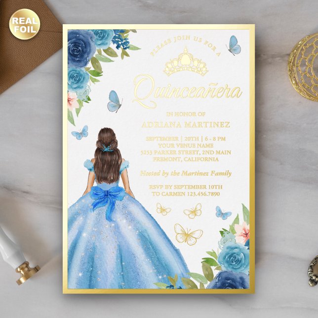 Invitation En Aluminium Robe florale bleu doux Papillon Quinceanera Or (Créateur téléchargé)