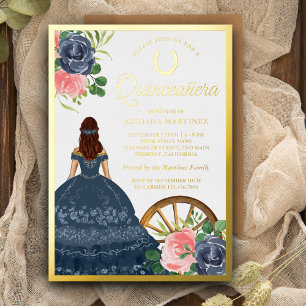 Invitation En Aluminium Robe florale bleu marine Charro Quinceanera Or