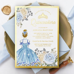 Invitation En Aluminium Robe Florale Bleu Pastel Princesse Quinceanera Or
