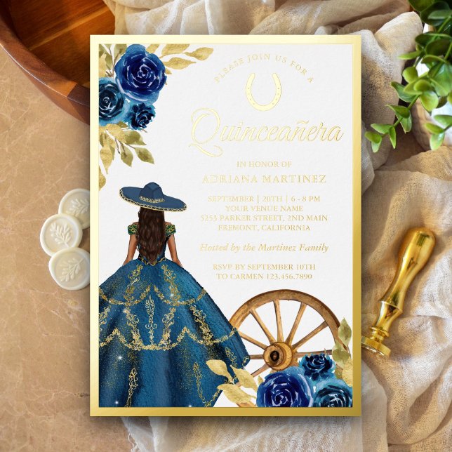 Invitation En Aluminium Robe Florale Bleue Charro Occidental Quinceanera O (Créateur téléchargé)