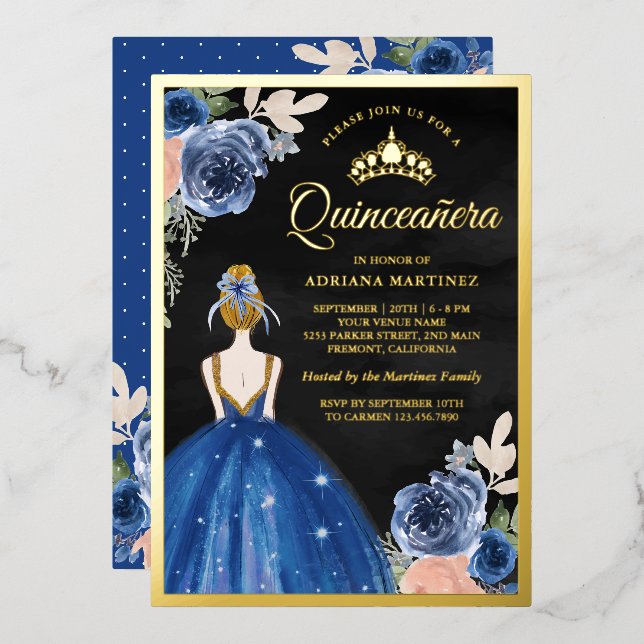 Invitation En Aluminium Robe Florale Bleue Royal Robe Florale Noire Quince (Recto/Verso)